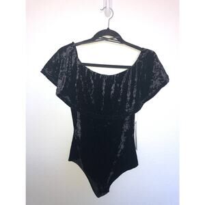 Aqua Black Velvet off the Shoulder Ruffle Top - S